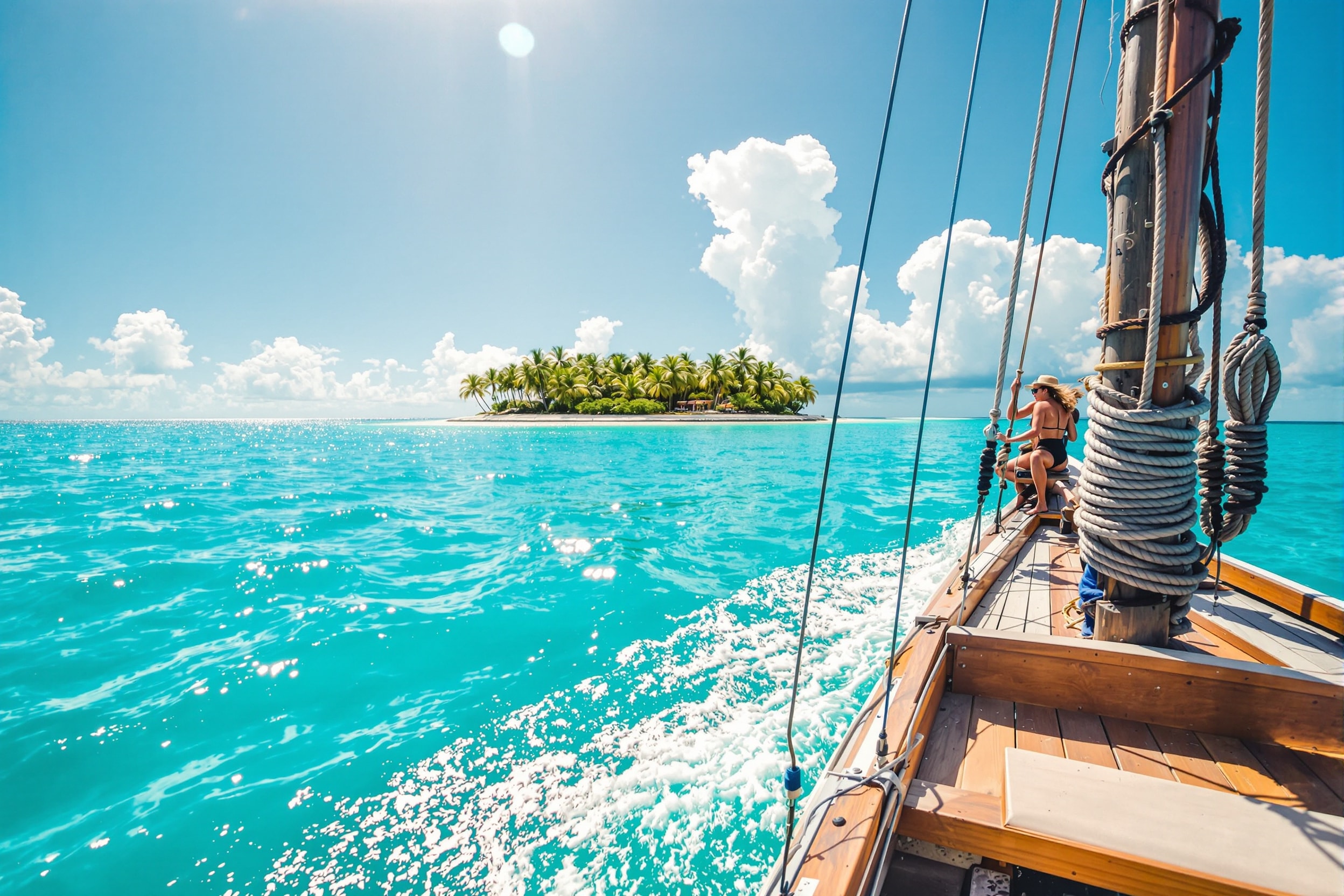 A wooden tour boat crossing clear turquoise water toward a coral cay off San Andres
